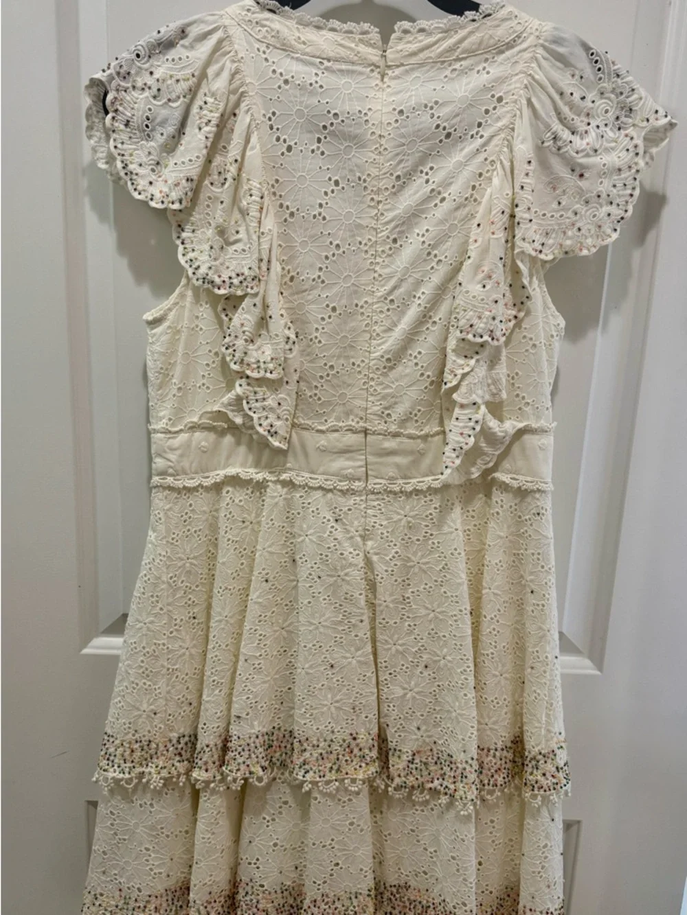 FARM Rio Ivory Eyelet Ruffle V-Neck Dress with Multicolor Beaded Dots - Picture 13 of 16